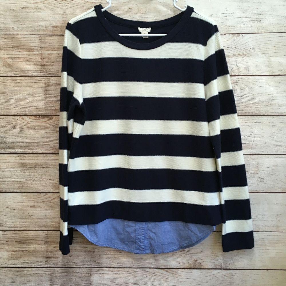 J CREW NAVY BLUE AND WHITE STRIPED SHIRTTAIL SWEATSHIRT